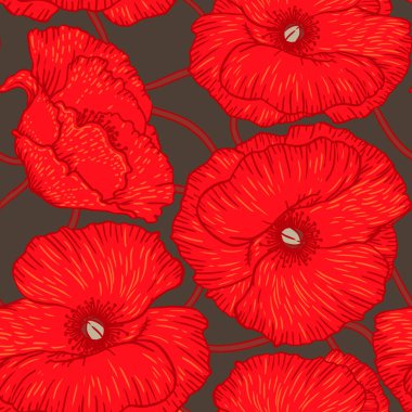 Çiçeksiz sanat vektörü deseni. Gri arka planda turuncu yapraklı kırmızı gelincikler. Kumaş, ev ve mutfak tekstili, duvar kağıdı tasarımı için.