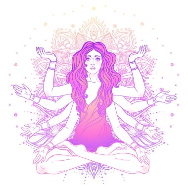 Uzun saçlı, çoklu elli, lotus yogası pozisyonunda oturan güzel bir kadın. Çok kollu tanrıça Tanrıça Lakshmi, Hindu zenginlik, servet ve refah tanrıçası. Vektör ayrıntılı izole edildi