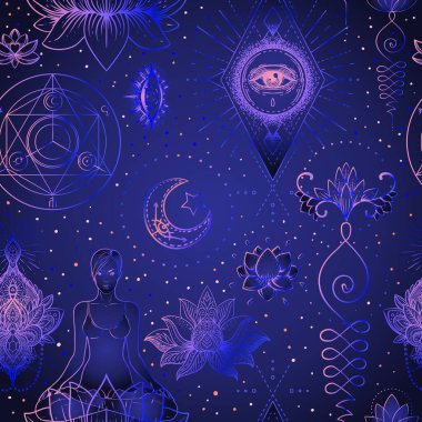 Kutsal Geometri kusursuz desen. Hindu bilgelik sembolleri ve mükemmelliğe giden yol. Dövme, yoga geçmişi, Budizm tasarımı, baskı, poster, tişört, tekstil. Vektör illüstrasyonu tekrarlanıyor.