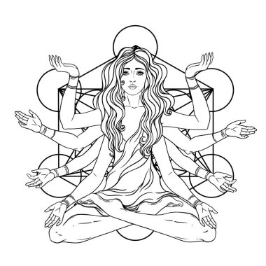 Uzun saçlı, çoklu elli, lotus yogası pozisyonunda oturan güzel bir kadın. Çok kollu tanrıça Tanrıça Lakshmi, Hindu zenginlik, servet ve refah tanrıçası. Vektör ayrıntılı izole edildi