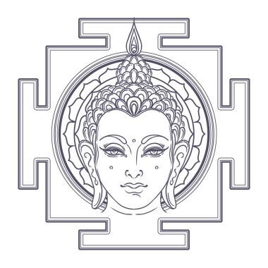 Buda 'nın yüzü mandala şeklinin üzerinde. Esrarengiz klasik vektör çizimi. Hint, Budizm, ruhani sanat. Hippi dövmesi, ruhanilik, Tayland tanrısı, yetişkinler için yoga zen boyama kitabı sayfaları.