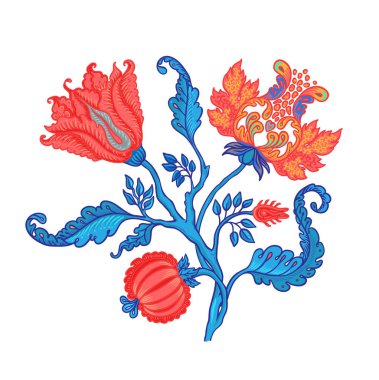 Çiçek desenli elementler, beyaza izole edilmiş Jacobean tarzında ayarlanmış. Büyülü Vintage Çiçekleri. Chintz ilham verdi. Ambalaj kağıdı, duvar kağıdı, kumaş ve moda kıyafetleri için tasarım.