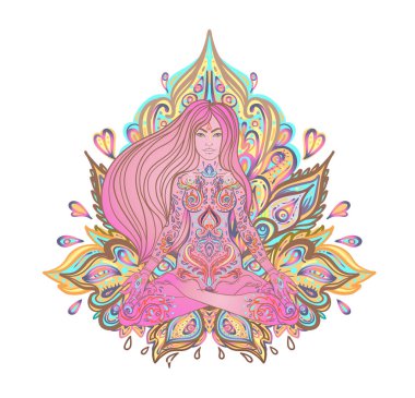 Beautiful Girl sitting in lotus position over ornate colorful mandala background. Vector illustration. Psychedelic mushroom composition. Buddhism esoteric motifs. Tattoo, spiritual yoga.