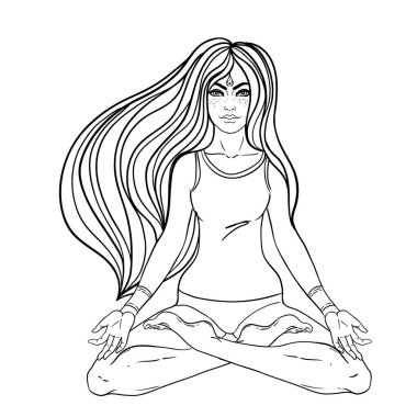 Çakra konsepti. Siyah beyaz süslenmiş mandala üzerinde lotus pozisyonunda oturan kız. Beyaz üzerine izole edilmiş vektör dekoratif çizim. Budizm esrarengiz motifleri. Boyama kitabı. Dövme, ruhani