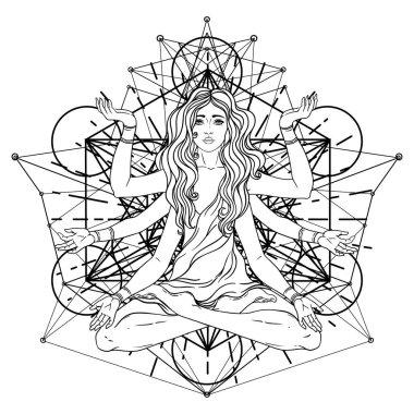 Uzun saçlı, çoklu elli, lotus yogası pozisyonunda oturan güzel bir kadın. Çok kollu tanrıça Tanrıça Lakshmi, Hindu zenginlik, servet ve refah tanrıçası. Vektör ayrıntılı izole edildi