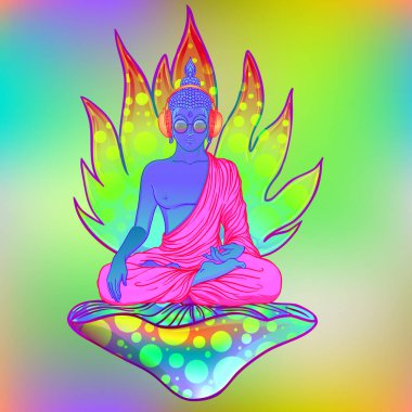Gökkuşağı gözlüklü renkli Buda kulaklıkla müzik dinliyor. Vektör çizimi. Güneş gözlüklü hippi barış işareti. Psikedelik mantarlar. Budizm, trans müzik. Esrarlı sanat