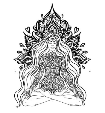 Kabile Tanrıçası. Siyah ve beyaz mandala yerine Boho Girl. Beyaz üzerine izole edilmiş vektör dekoratif çizim. Budizm esrarengiz motifleri. Dövme, ruhani yoga. Boyama kitabı.