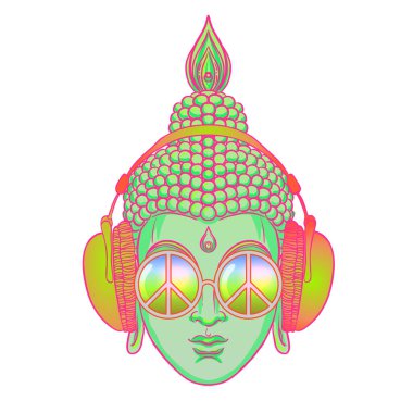 Gökkuşağı gözlüklü renkli Buda kulaklıkla müzik dinliyor. Vektör çizimi. Güneş gözlüklü hippi barış işareti. Psikedelik mantarlar. Budizm, trans müzik. Esrarlı sanat