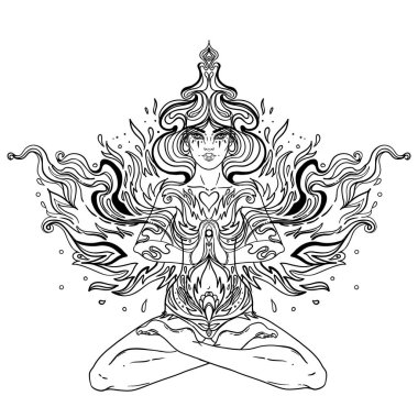 Çakra konsepti. Siyah beyaz süslenmiş mandala üzerinde lotus pozisyonunda oturan kız. Beyaz üzerine izole edilmiş vektör dekoratif çizim. Budizm esrarengiz motifleri. Boyama kitabı. Dövme, ruhani