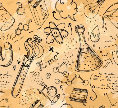 Okula dönelim: Fen laboratuarı objeleri el karalaması klasik eskizler kusursuz desenler, vektör illüstrasyonları.