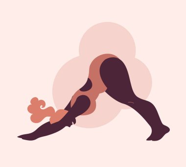 Artı siyah kıvrımlı kadın yoga dersi alıyor. Vektör illüstrasyonu beyaza izole edildi. Çevrimiçi ev çalışması. Vücut pozitif. Çekici Afrikalı şişman kadın.