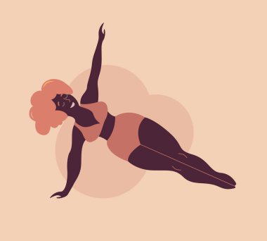 Artı siyah kıvrımlı kadın yoga dersi alıyor. Vektör illüstrasyonu beyaza izole edildi. Çevrimiçi ev çalışması. Vücut pozitif. Çekici Afrikalı şişman kadın.