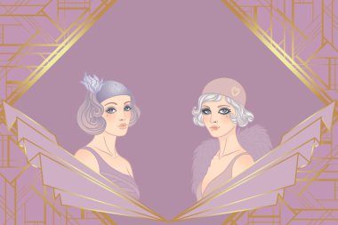 Art Deco tasarım şablonu zarif flapper kız, geometrik şekiller ve tozlu gül ve altın tonlarda dekoratif elementler. Davetiyeler, moda markaları, etkinlikler veya dijital dekor için mükemmel.