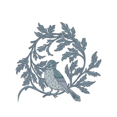 William Morris tarzında dekoratif bir çiçek motifinin izole edilmiş vektör çizimi. Zarif çizgileri ve soluk renkleri olan klasik tasarım. Parmak izi, tekstil ve desenler için mükemmel..