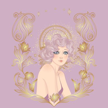 Art Deco tasarım şablonu zarif flapper kız, geometrik şekiller ve tozlu gül ve altın tonlarda dekoratif elementler. Davetiyeler, moda markaları, etkinlikler veya dijital dekor için mükemmel.