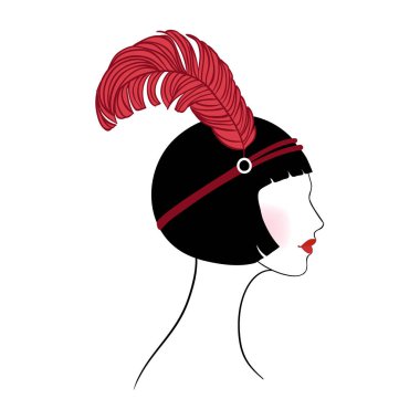 Art Deco tarzında, kırmızı tüy ve zarif silüetiyle 1920 'li yılların göz kamaştırıcı, flapper kızlarının vektör çizimi. Klasik parti davetiyeleri, caz etkinlikleri, temalı düğünler veya retro dekorlar için mükemmel..