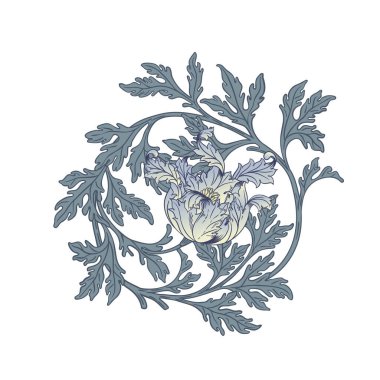 William Morris tarzında dekoratif bir çiçek motifinin izole edilmiş vektör çizimi. Zarif çizgileri ve soluk renkleri olan klasik tasarım. Parmak izi, tekstil ve desenler için mükemmel..