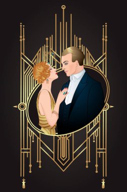 Art Deco vintage davetiye şablonu tasarımı ve desenler ve çerçeveler üzerinde flapper girl çizimi. 1920 'lerde Retro Party' nin arka planı belirlendi. Büyüleyici etkinlik için vektör, tematik düğün veya caz