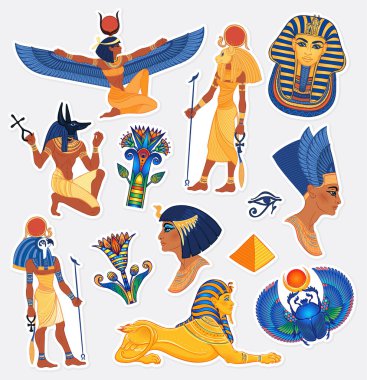 Eski Mısır. Mısır tanrıları ve sembolleriyle hazırlanmış klasik etiket paketi. Retro elle çizilmiş vektör çizimi. Ra, Isis, Anubis, Sekhtmet, Kleopatra, piramit, Sphynx izole edilmiş.