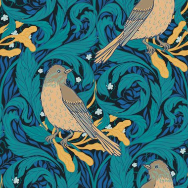 Çiçek çelengi ve eski duvar kağıtları için kuşların olduğu klasik, dikişsiz desen. Büyülü Vintage Çiçekleri. Sanat ve el sanatları hareketi ilham verici. Ambalaj kağıdı, duvar kağıdı, kumaş ve