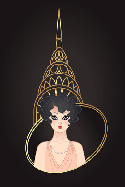 Винтажный дизайн приглашения в стиле ар-деко с иллюстрацией девушки-флапера над узорами и рамками. Ретро партия фон набор в стиле 1920-х годов. Вектор для гламурного мероприятия, тематической свадьбы или джаза