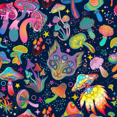 Sihirli mantarlar ve galaksi kedilerinin kusursuz desenleri. Psikedelik 60 'ların renkli hippi sanatı. Klasik saykodelik tekstil, kumaş, ambalaj kağıdı, duvar kağıdı. Gösterimi yineleyen vektör.