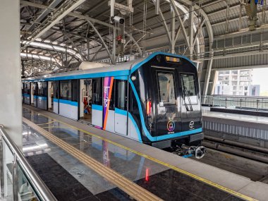 Pune, India - May 22 2024: The Pune Metro at a station on the Ruby Hall to Vanaz corridor at Pune India.