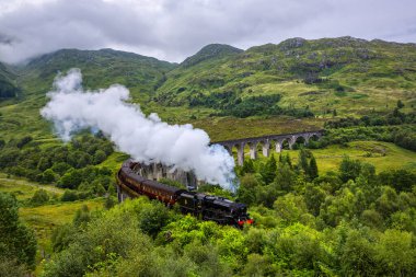 İskoçya 'daki Glenfinnan demiryolu viyadükünün yanından geçen Jakobit buharlı treni, İskoçya