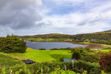 View of the town Uig with it's harbour connection to the outer hebrides. Scotland United Kingdom