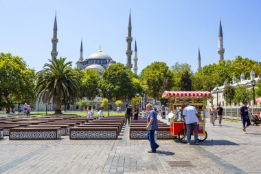 İSTANBUL, TURKEY 2023, Ağustos 03: İstanbul 'daki Saltanahmet Park, Türkiye' den Sultanahmet Camii 'nin dış manzarası