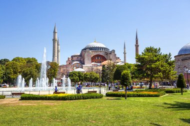 Exterior view of the Hagia Sophia, Aya Sofya, mosque from Sultanahmet park in Istanbul, Turkey clipart