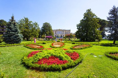İSTANBUL, TURKEY 2023 Ağustos 05: İstanbul, Türkiye 'deki Dolmabahce Sarayı' nın güzel dış görünüşü