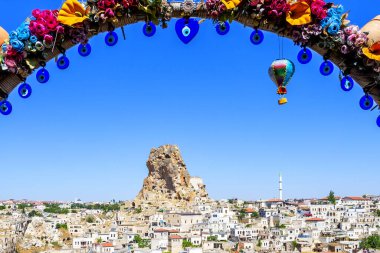 Beautiful view of Ortahisar and its rock castle, one of the highest points in Cappadocia clipart