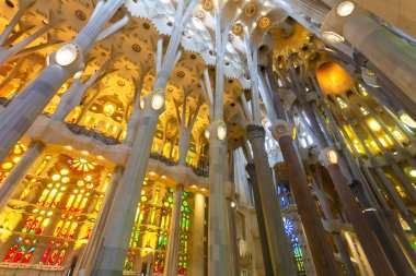BARCELONA, İspanya 2024, Ocak 02: Barcelona 'daki Sagrada Familia' nın muhteşem iç mimarisi
