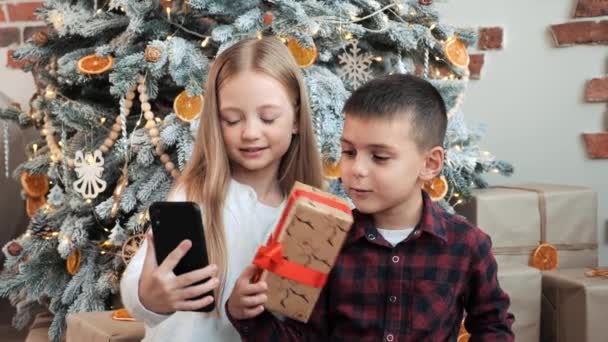 Cute Szczęśliwy Wesoły Dzieci Brat Siostra Posiadające Połączenie Wideo Online — Wideo stockowe