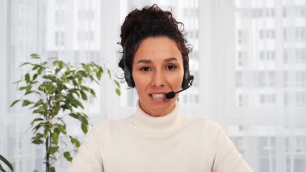 Confident Hispanic Business Woman Wear Wireless Headset Looking Talking Webcam — Stock Video