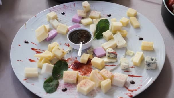 Assortment Different Types Italian French Cheeses Authors Fashionable Mustard Sauce — Stock Video