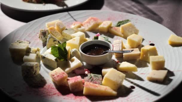 Assorted Italian French Cheeses Authors Fashionable Mustard Sauce Festive Table — Stock Video