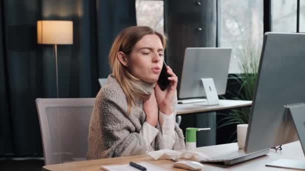 Office Worker Sneezes Feels Bad Ill Allergic Young Woman Sneezing — Vídeos de Stock