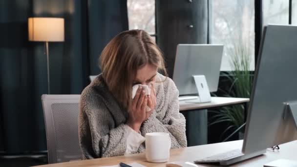 Ill Sick Young Female Manager Feels Bad Coughing Sneezing Close — Stockvideo