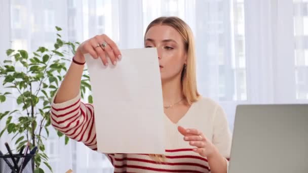Excited Pretty Woman Holds Hands Document Reads Great News Letter — Wideo stockowe