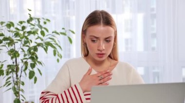 Sick stressed worried woman feeling stress worry girl suffer unwell fever headache panic attack problems at work, business woman has difficult breath, not enough air. Female hand touches chest