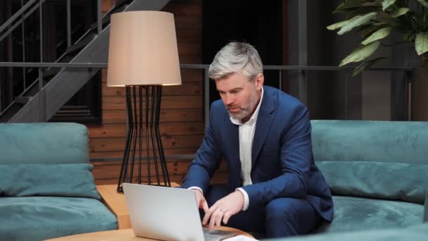 Sick Business Man Working Laptop While Feels Sudden Heartache Senior — стоковое видео