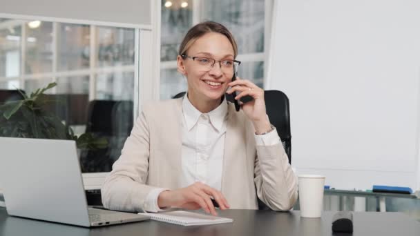 Smiling Confident Businesswoman Glasses Talking Calling Mobile Phone Office Having — 图库视频影像