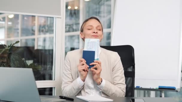 Happy Amazed Woman Office Worker Holding Passport Tickets Cheerful Girl — Stockvideo