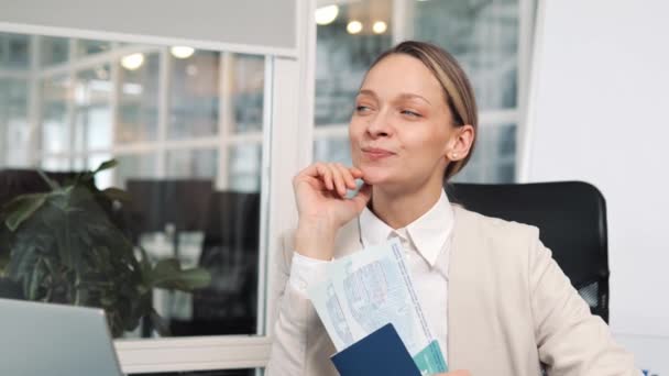 Joyful Happy Amazed Woman Office Worker Holding Passport Tickets Cheerful — Stockvideo