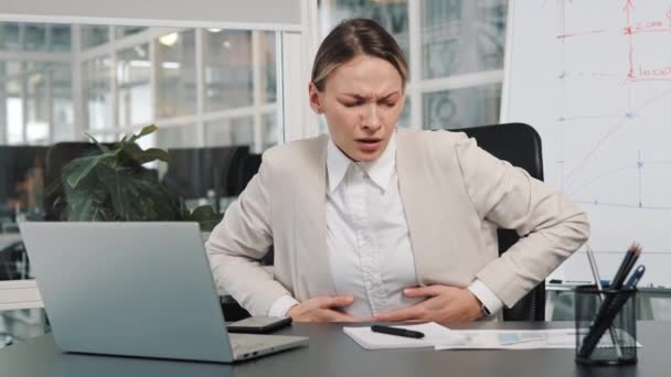 Sick Business Woman Office Worker Employee Having Severe Abdominal Pain — Wideo stockowe