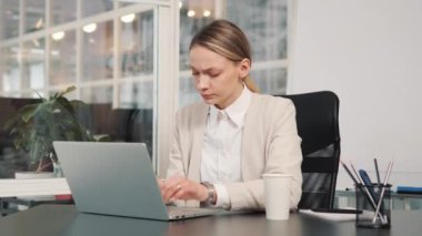 Overtired Female Corporate Office Worker Feels Stress, Frustration Works on Desktop Computer, Deadline. Accountant Feeling Project Pressure, Massages Her Head, Works with Statistics, Has Bad Day