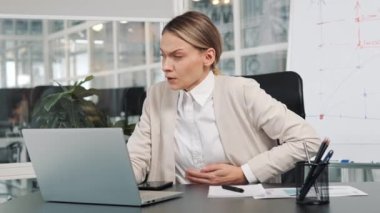 Ill business woman, office worker employee having severe abdominal pain, diarrhea, premenstrual syndrome or poisoning. Female suffering from painful cramp in stomach, bowel syndrome of diet