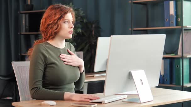 Beautiful Sick Female Office Worker Having Panic Attack Workplace Woman — Stock Video